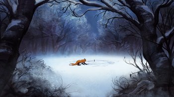 Movie still from “The Boy, the Mole, the Fox and the Horse” (2022), directed by Peter Baynton – A painting of an animal in the middle of a snow covered forest; Extreme Wide shot, Low angle