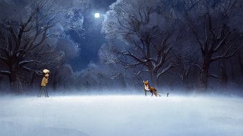 Movie still from “The Boy, the Mole, the Fox and the Horse” (2022), directed by Peter Baynton – A painting of a fox in the middle of a snowy forest; Extreme Wide shot, Low angle