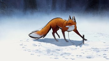 Movie still from “The Boy, the Mole, the Fox and the Horse” (2022), directed by Peter Baynton – An illustration of a fox standing in the snow; Wide shot, Low angle