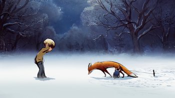 Movie still from “The Boy, the Mole, the Fox and the Horse” (2022), directed by Peter Baynton – A boy and a fox in the snow by a tree; Wide shot, Over the shoulder angle
