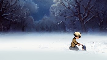 Movie still from “The Boy, the Mole, the Fox and the Horse” (2022), directed by Peter Baynton – A boy sitting in the snow holding a teddy bear; Extreme Wide shot, High angle