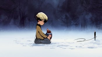 Movie still from “The Boy, the Mole, the Fox and the Horse” (2022), directed by Peter Baynton – A boy sitting on the ground with a book in his hands; Wide shot, High angle