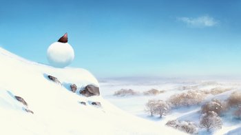 Movie still from “The Boy, the Mole, the Fox and the Horse” (2022), directed by Peter Baynton – A bird sitting on top of a snow covered hill; Extreme Wide shot, Low angle