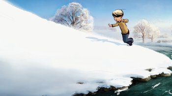 Movie still from “The Boy, the Mole, the Fox and the Horse” (2022), directed by Peter Baynton – A cartoon of a boy jumping in the air on a snowboard; Extreme Wide shot, High angle