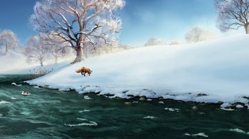Movie still from “The Boy, the Mole, the Fox and the Horse” (2022), directed by Peter Baynton – A painting of an animal in the snow near a tree; Extreme Wide shot, Low angle