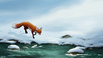 Movie still from “The Boy, the Mole, the Fox and the Horse” (2022), directed by Peter Baynton – An illustration of a fox jumping in the air over a body of water; Extreme Wide shot, Overhead angle