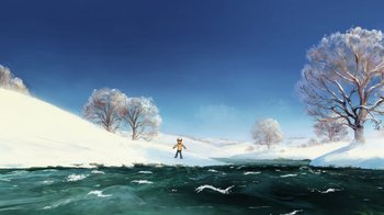 Movie still from “The Boy, the Mole, the Fox and the Horse” (2022), directed by Peter Baynton – A man standing on a surfboard in the middle of a body of water; Extreme Wide shot, Low angle