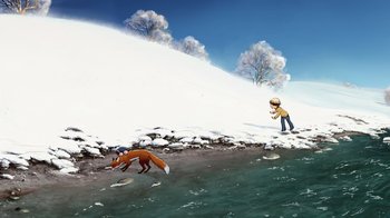 Movie still from “The Boy, the Mole, the Fox and the Horse” (2022), directed by Peter Baynton – A fox chasing a man across a body of water; Extreme Wide shot, High angle