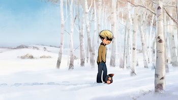 Movie still from “The Boy, the Mole, the Fox and the Horse” (2022), directed by Peter Baynton – A boy standing in the middle of a snow covered forest; Wide shot, Low angle