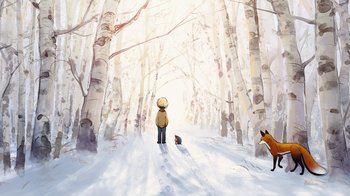 Movie still from “The Boy, the Mole, the Fox and the Horse” (2022), directed by Peter Baynton – A person walking a dog in the snow; Extreme Wide shot, Low angle