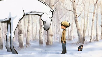 Movie still from “The Boy, the Mole, the Fox and the Horse” (2022), directed by Peter Baynton – An illustration of a boy looking at an animal in the woods; Wide shot, Low angle