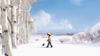 Movie still from “The Boy, the Mole, the Fox and the Horse” (2022), directed by Peter Baynton – A man walking in the snow with a dog in his hand; Extreme Wide shot, Low angle