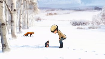 Movie still from “The Boy, the Mole, the Fox and the Horse” (2022), directed by Peter Baynton – A man and a fox in a snowy field; Wide shot, High angle