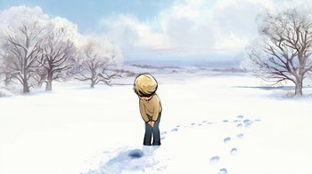 Movie still from “The Boy, the Mole, the Fox and the Horse” (2022), directed by Peter Baynton – A child is standing in the middle of a snowy field; Extreme Wide shot, High angle