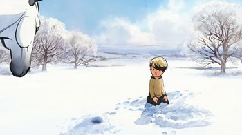 Movie still from “The Boy, the Mole, the Fox and the Horse” (2022), directed by Peter Baynton – A boy sitting in the snow in front of a tree; Wide shot, High angle