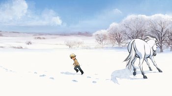 Movie still from “The Boy, the Mole, the Fox and the Horse” (2022), directed by Peter Baynton – An illustration of a boy playing in the snow with a horse; Extreme Wide shot, Low angle