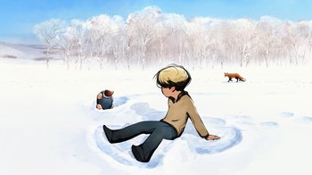 Movie still from “The Boy, the Mole, the Fox and the Horse” (2022), directed by Peter Baynton – A boy sitting in the snow next to a red fox; Wide shot, Low angle