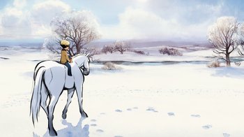 Movie still from “The Boy, the Mole, the Fox and the Horse” (2022), directed by Peter Baynton – A person riding a horse in a snowy field; Extreme Wide shot, High angle