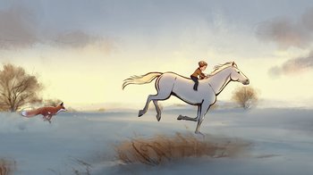 Movie still from “The Boy, the Mole, the Fox and the Horse” (2022), directed by Peter Baynton – A man riding a white horse through a snowy field; Extreme Wide shot, Low angle