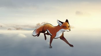 Movie still from “The Boy, the Mole, the Fox and the Horse” (2022), directed by Peter Baynton – An illustration of a fox running in the snow; Wide shot, Low angle