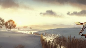 Movie still from “The Boy, the Mole, the Fox and the Horse” (2022), directed by Peter Baynton – An oil painting of a snowy landscape with a sun setting in the background; Extreme Wide shot, Low angle