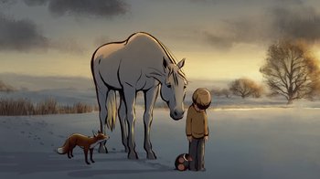 Movie still from “The Boy, the Mole, the Fox and the Horse” (2022), directed by Peter Baynton – A boy and a horse in a snowy field; Wide shot, Low angle