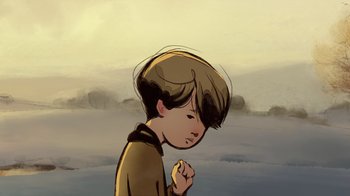 Movie still from “The Boy, the Mole, the Fox and the Horse” (2022), directed by Peter Baynton – A cartoon of a boy in a brown shirt; Close Up shot, Over the shoulder angle