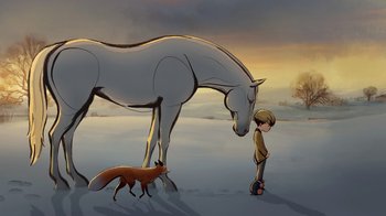 Movie still from “The Boy, the Mole, the Fox and the Horse” (2022), directed by Peter Baynton – A boy and a horse in the snow with a fox; Wide shot, Low angle