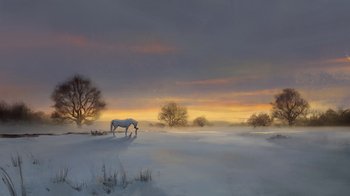 Movie still from “The Boy, the Mole, the Fox and the Horse” (2022), directed by Peter Baynton – A painting of a horse grazing in a snowy field; Extreme Wide shot, Low angle