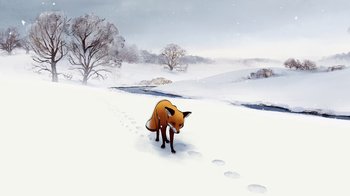 Movie still from “The Boy, the Mole, the Fox and the Horse” (2022), directed by Peter Baynton – A fox in the middle of a snowy field; Extreme Wide shot, High angle