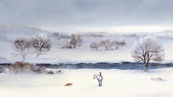 Movie still from “The Boy, the Mole, the Fox and the Horse” (2022), directed by Peter Baynton – A man standing in the snow next to a horse; Extreme Wide shot, Low angle