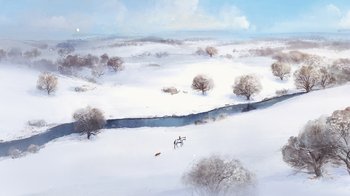 Movie still from “The Boy, the Mole, the Fox and the Horse” (2022), directed by Peter Baynton – An oil painting of a snowy landscape with a dog in the distance; Extreme Wide shot, High angle