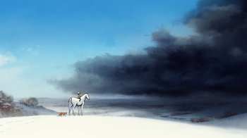 Movie still from “The Boy, the Mole, the Fox and the Horse” (2022), directed by Peter Baynton – A man on a white horse in the snow with a dog; Extreme Wide shot, Low angle