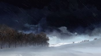 Movie still from “The Boy, the Mole, the Fox and the Horse” (2022), directed by Peter Baynton – A painting of trees in the snow under a cloudy sky; Extreme Wide shot, Low angle