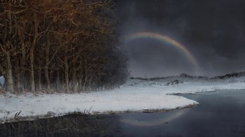 Movie still from “The Boy, the Mole, the Fox and the Horse” (2022), directed by Peter Baynton – A rainbow is seen in the sky over a snow covered field; Extreme Wide shot, Low angle