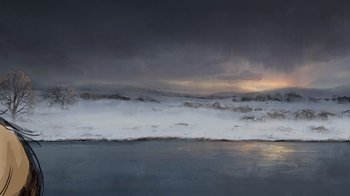 Movie still from “The Boy, the Mole, the Fox and the Horse” (2022), directed by Peter Baynton – A view of a body of water with a cloudy sky in the background; Extreme Wide shot, Low angle