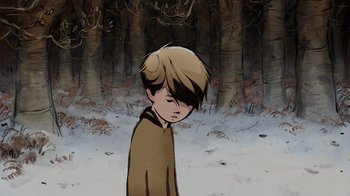 Movie still from “The Boy, the Mole, the Fox and the Horse” (2022), directed by Peter Baynton – A boy is standing in the snow near a forest; Close Up shot, High angle