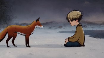 Movie still from “The Boy, the Mole, the Fox and the Horse” (2022), directed by Peter Baynton – A boy sitting on the ground looking at a red fox; Close Up shot, Low angle