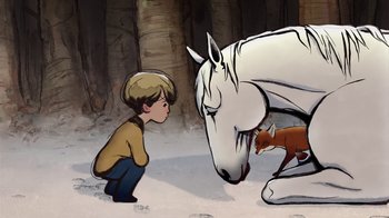 Movie still from “The Boy, the Mole, the Fox and the Horse” (2022), directed by Peter Baynton – A cartoon of a boy looking at a white horse; Close Up shot, Over the shoulder angle