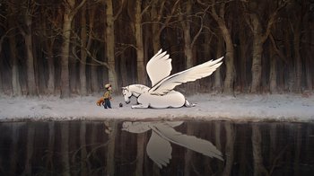 Movie still from “The Boy, the Mole, the Fox and the Horse” (2022), directed by Peter Baynton – A painting of a white horse laying on the ground; Extreme Wide shot, High angle