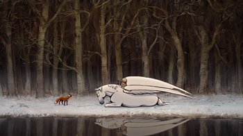 Movie still from “The Boy, the Mole, the Fox and the Horse” (2022), directed by Peter Baynton – An angel sitting on a white horse next to a fox; Extreme Wide shot, High angle