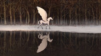 Movie still from “The Boy, the Mole, the Fox and the Horse” (2022), directed by Peter Baynton – A white horse with wings walking in the snow near a body of water; Extreme Wide shot, Low angle
