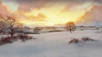 Movie still from “The Boy, the Mole, the Fox and the Horse” (2022), directed by Peter Baynton – An oil painting of a snowy field with a tree in the middle of it; Extreme Wide shot, Low angle