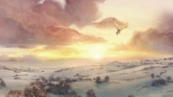 Movie still from “The Boy, the Mole, the Fox and the Horse” (2022), directed by Peter Baynton – A painting of a bird flying over a snowy field at sunset; Extreme Wide shot, Low angle