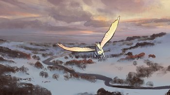 Movie still from “The Boy, the Mole, the Fox and the Horse” (2022), directed by Peter Baynton – An illustration of an owl flying over a snowy field; Extreme Wide shot, High angle