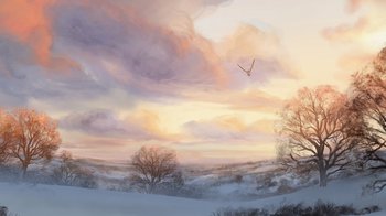 Movie still from “The Boy, the Mole, the Fox and the Horse” (2022), directed by Peter Baynton – An oil painting of a bird flying over a snowy field; Extreme Wide shot, Low angle