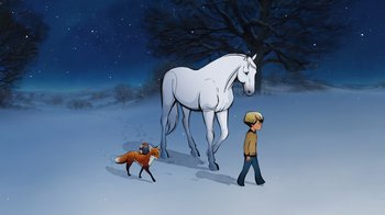 Movie still from “The Boy, the Mole, the Fox and the Horse” (2022), directed by Peter Baynton – A man walking a horse in the snow with a fox nearby; Wide shot, Low angle