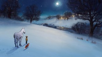 Movie still from “The Boy, the Mole, the Fox and the Horse” (2022), directed by Peter Baynton – A painting of a dog and a horse in the snow; Extreme Wide shot, Low angle