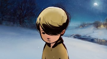 Movie still from “The Boy, the Mole, the Fox and the Horse” (2022), directed by Peter Baynton – A boy is standing in the snow looking at the sky; Close Up shot, High angle