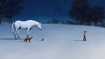 Movie still from “The Boy, the Mole, the Fox and the Horse” (2022), directed by Peter Baynton – A horse and a fox in a snowy field at night; Extreme Wide shot, Low angle